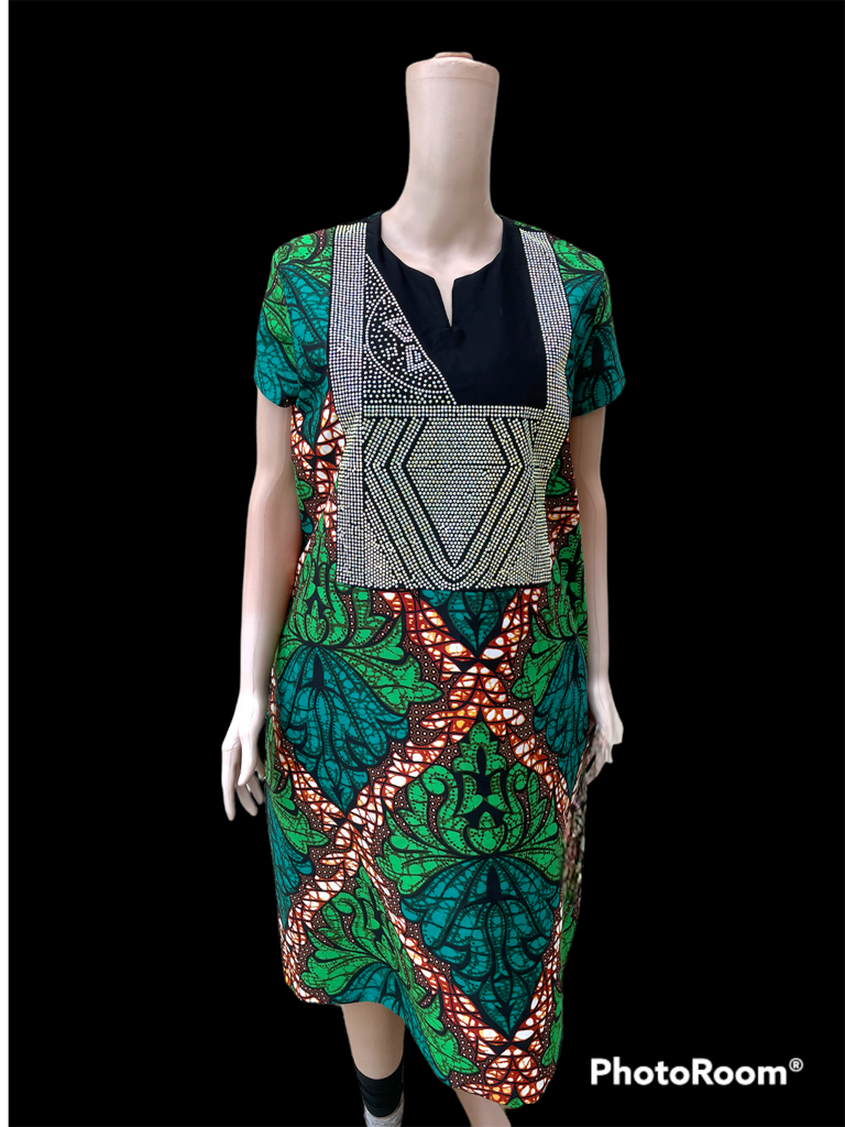 Product image - A dress made with high quality Ankara fabric.  Embellished with rhinestones.  dress length - 41".  size 8 - 22.